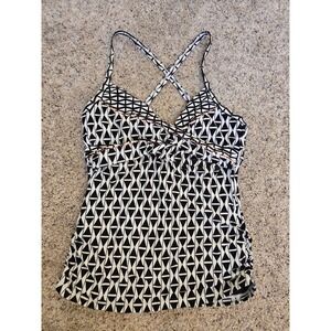 Seafolly Size 12 Geometric Print Tankini Top Ruched Swimwear Black White